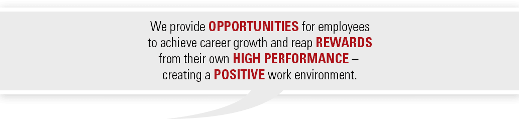 We provide OPPORTUNITIES for employees
to achieve career growth and reap REWARDS from their own HIGH PERFORMANCE - creating a POSITIVE work envoronment.