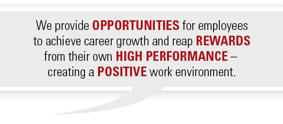 We provide OPPORTUNITIES for employees
to achieve career growth and reap REWARDS from their own HIGH PERFORMANCE - creating a POSITIVE work envoronment.